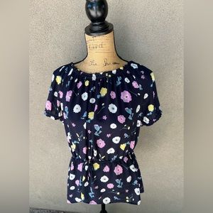 Ann Taylor Short Sleeve Smocked Waist Floral Blouse